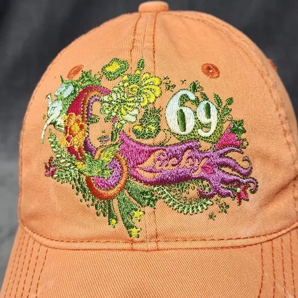 Lucky Brand 69 Orange Baseball Cap Hat Adj. Size Cotton Fairy Gypsy Whimsical - Picture 2 of 12